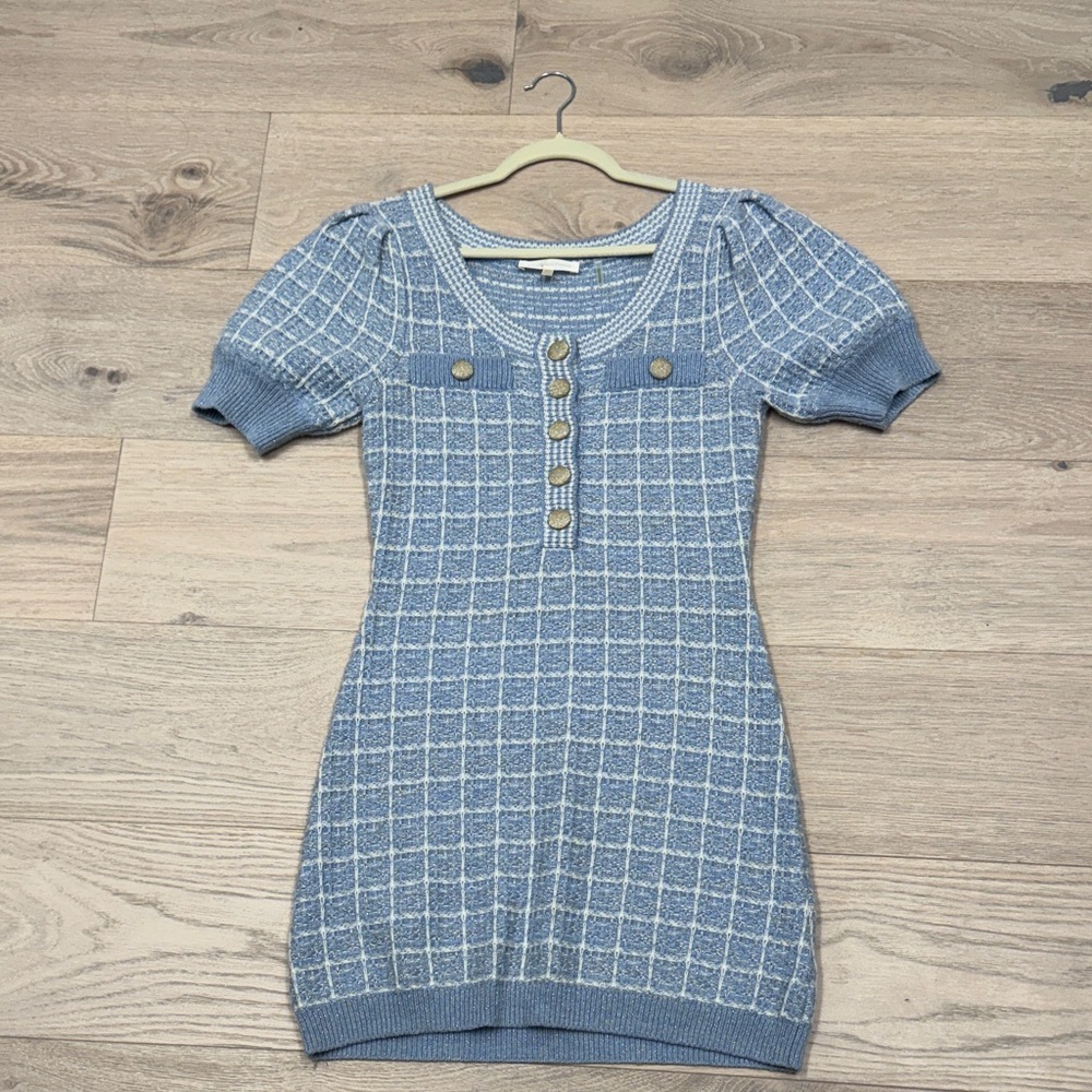 LoveShackFancy Blue and White Checkered Midi Dress